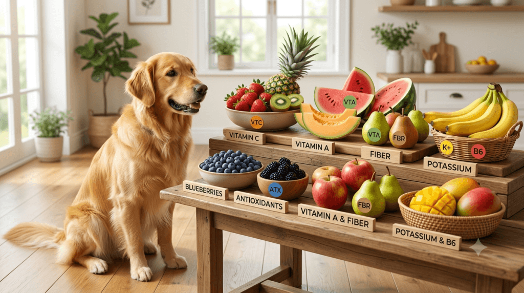 Fruits providing vitamins fiber antioxidants and hydration for dogs