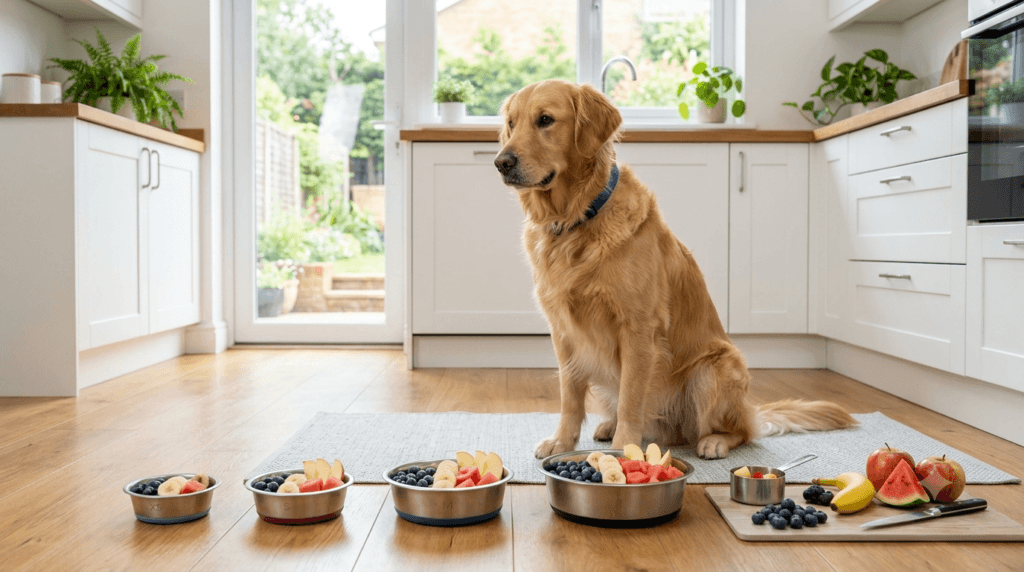 Dog fruit serving size guide with small portions for different dog sizes