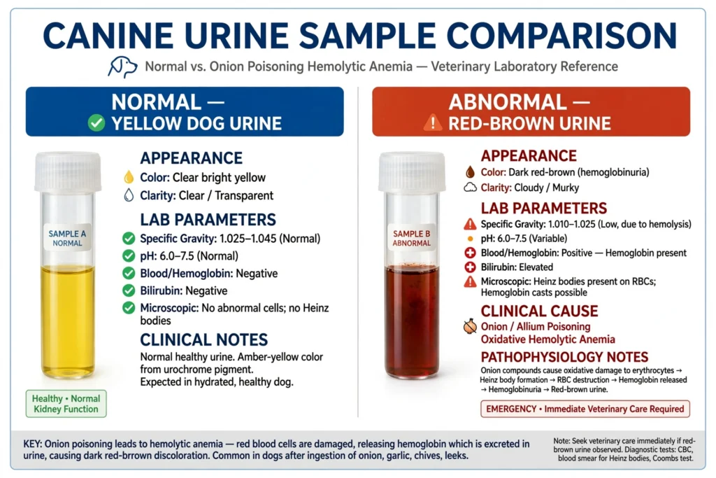 Red brown urine vs normal yellow urine in dogs after onion poisoning hemolytic anemia symptom