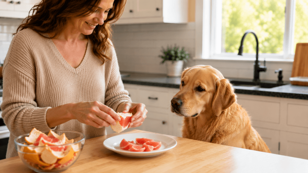 Dog owner removing grapefruit peel before serving fruit