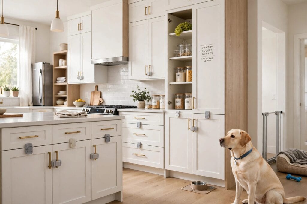 Dog proof kitchen with grapes stored high in locked pantry and child locks on cabinets to prevent grape poisoning in dogs