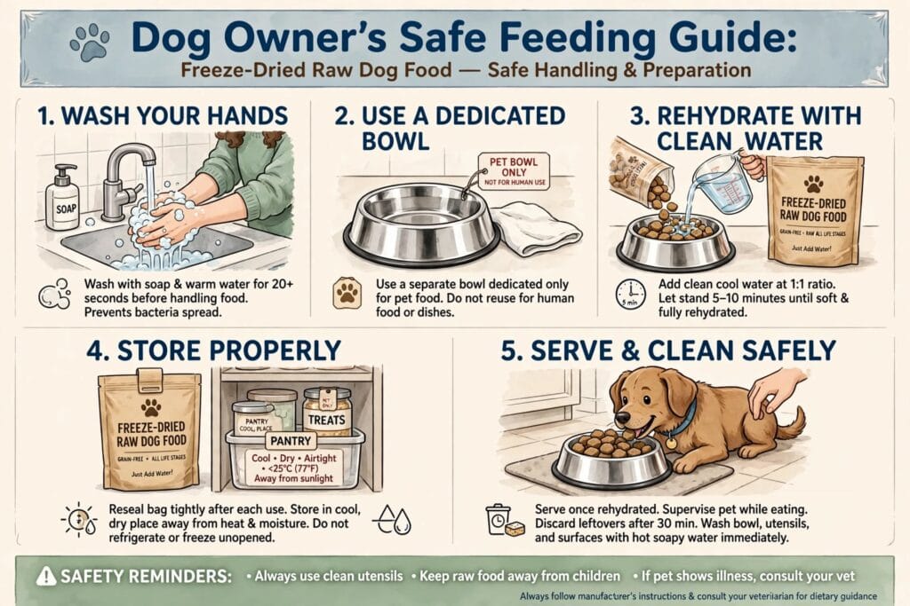 Dog owner's safe feeding guide for freeze-dried raw dog food - hand washing, dedicated bowl, rehydrating, storage and cleaning steps