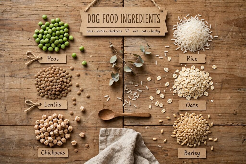 Comparison of legume ingredients peas and lentils versus traditional grains like