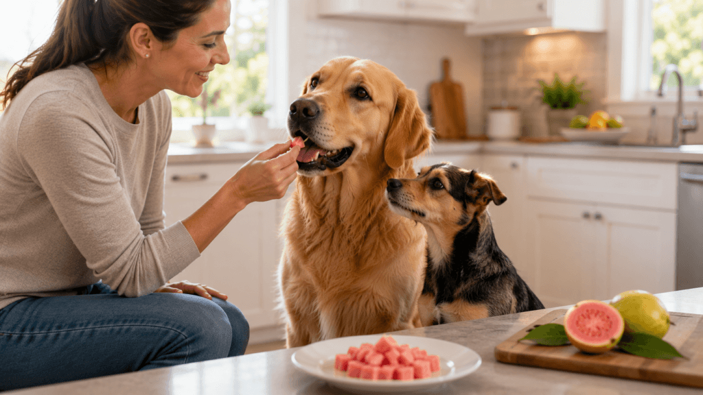 Dogs enjoying a small serving of properly prepared guava