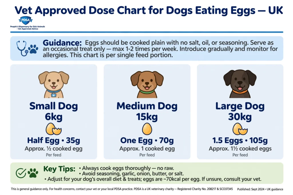 how many eggs can a dog eat uk dose chart 35g 70g 105g small medium large dog