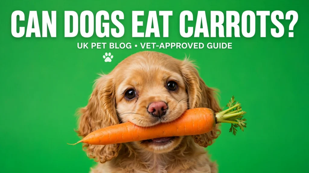 can dogs eat carrots UK vet approved featured Cocker Spaniel puppy holding carrot eye catching