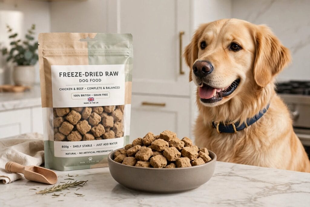 Premium freeze-dried raw dog food in a bowl with happy golden retriever waiting for meal in modern kitchen - UK guide