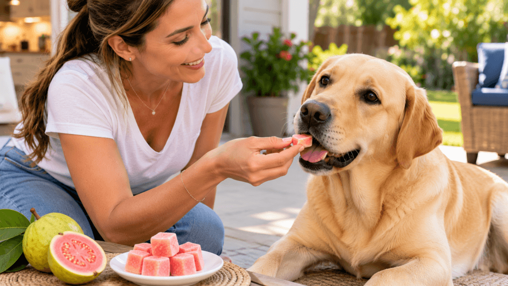 Labrador Retriever enjoying a small frozen guava treat