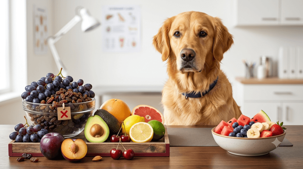 Unsafe fruits including grapes raisins cherries and avocado for dogs