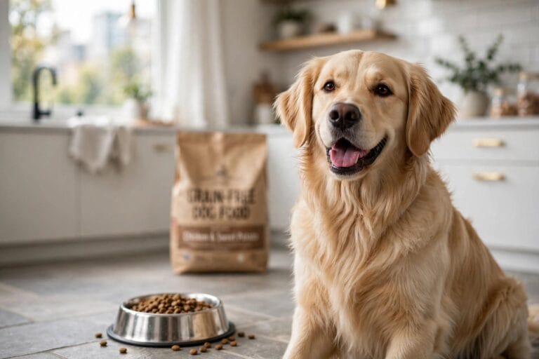 Happy golden retriever sitting next to a bowl of grain-free dog food in a modern kitchen