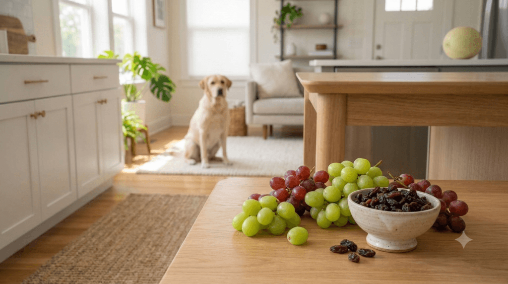 Fresh grapes and raisins kept away from a dog