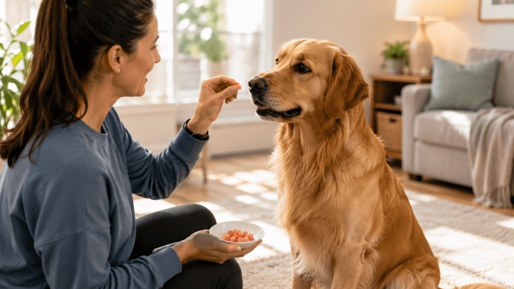 Golden Retriever receiving a small guava training treat