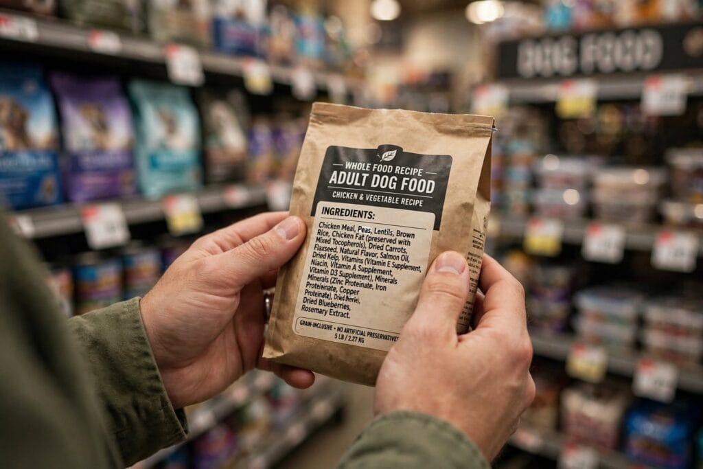 Person reading dog food ingredient label to check for peas and lentils in pet store
