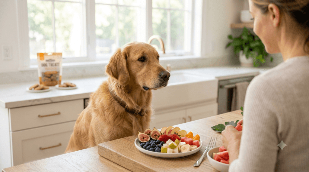 Healthy fruits including fresh figs prepared for dogs