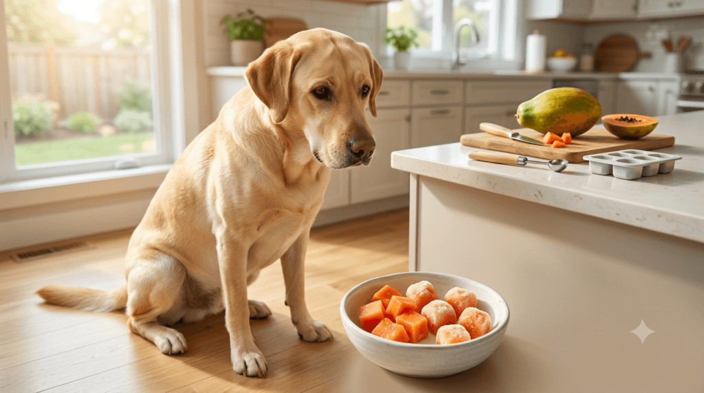 Healthy papaya treat prepared for a Labrador Retriever