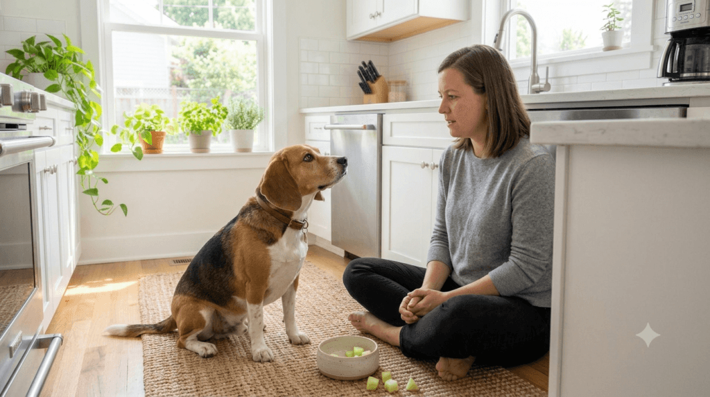 Dog owner monitoring a Beagle after eating a small amount of honeydew