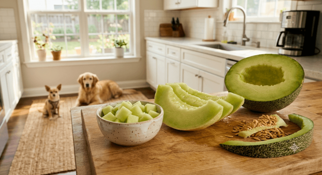 Honeydew rind and seeds removed before serving honeydew to dogs