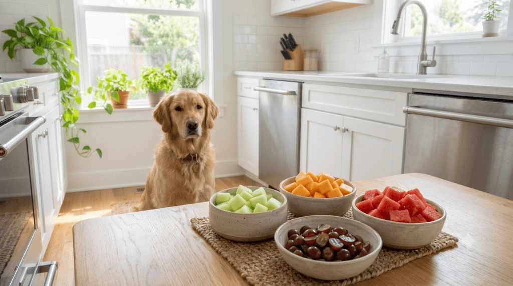 Honeydew, cantaloupe, and watermelon prepared as dog-safe fruit treats