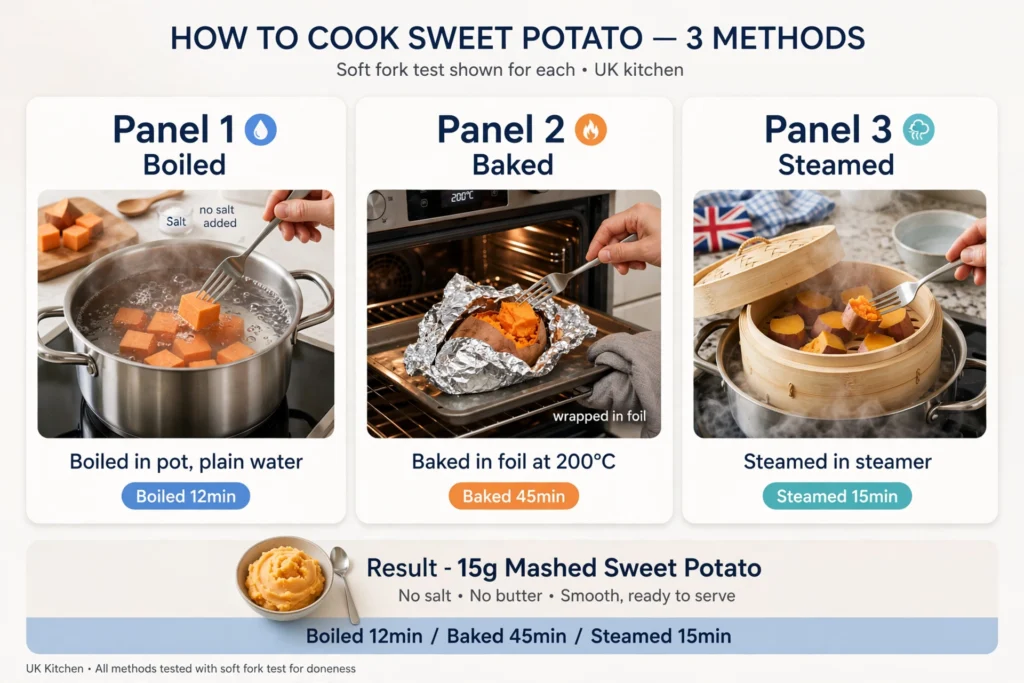 How to cook sweet potato for dogs UK 3 safe methods boiled 12min baked 45min steamed 15min no salt butter