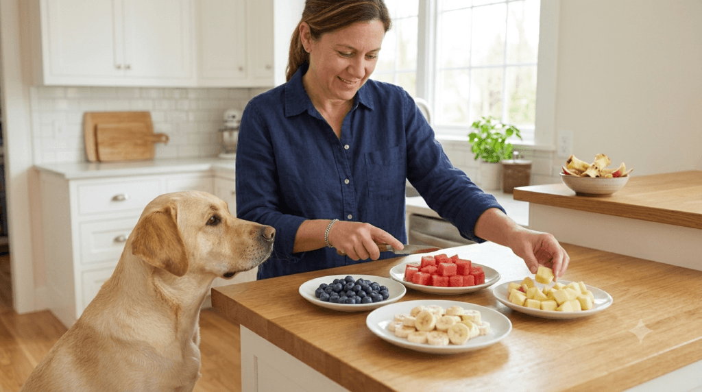 Dog owner safely preparing bite-sized fruit treats for a Labrador Retriever