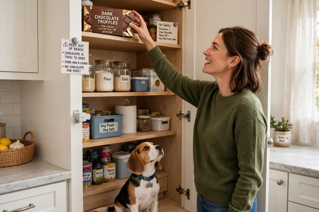 Woman storing dark chocolate on high shelf away from beagle dog to prevent chocolate poisoning