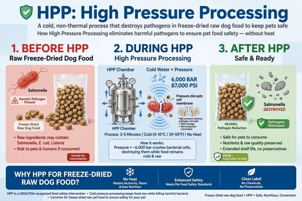 HPP high pressure processing safety step for freeze-dried raw dog food eliminates Salmonella and E coli pathogens UK