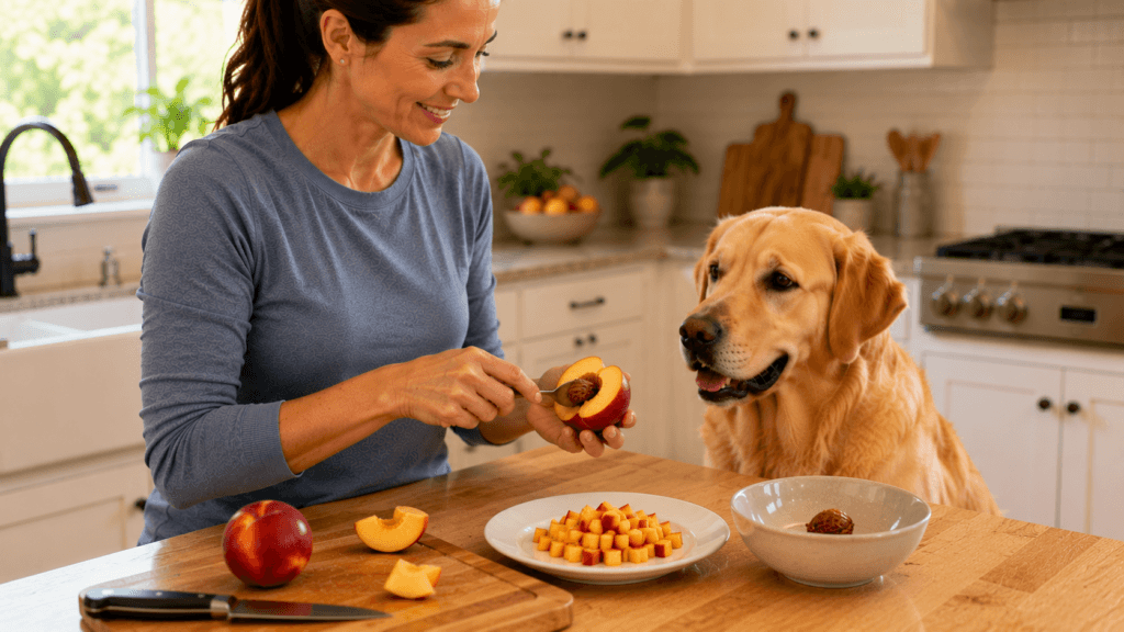Removing the nectarine pit before feeding fruit to a dog