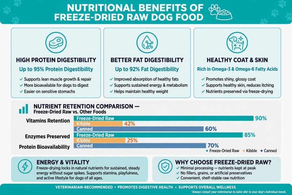 Nutritional benefits of freeze-dried raw dog food - high protein digestibility, fat digestibility, healthy coat and nutrient retention chart