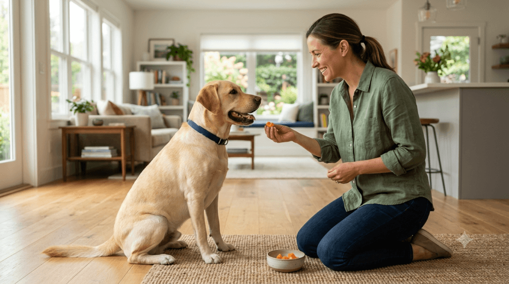 Labrador Retriever receiving a small papaya training treat