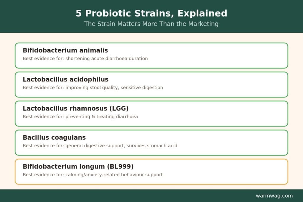Dog probiotic strains comparison chart with evidence