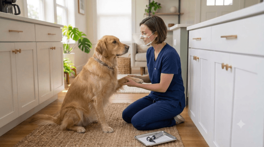 Dog receiving veterinary examination after possible raisin exposure
