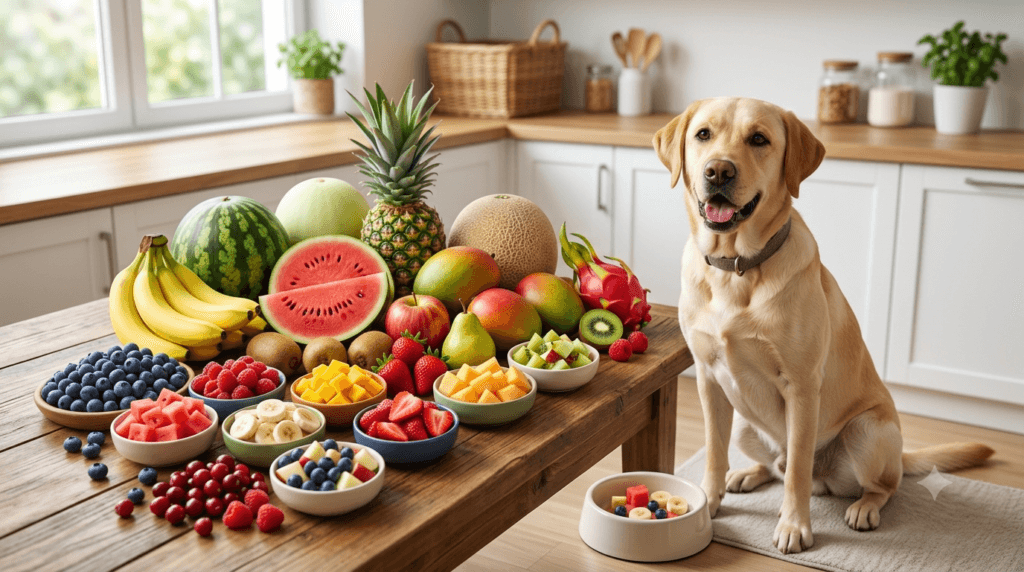 Dog-safe fruits including blueberries bananas watermelon and strawberries