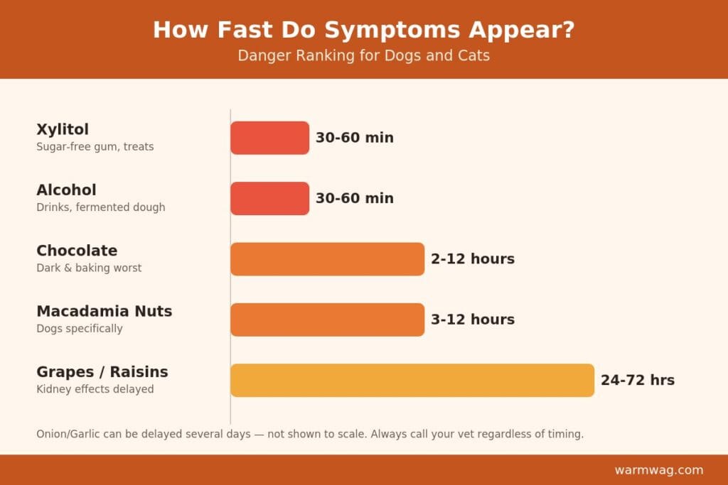 How fast toxic food symptoms appear in dogs and cats