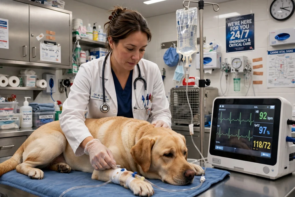 Vet treating dog chocolate poisoning with IV fluids and heart monitor at emergency clinic