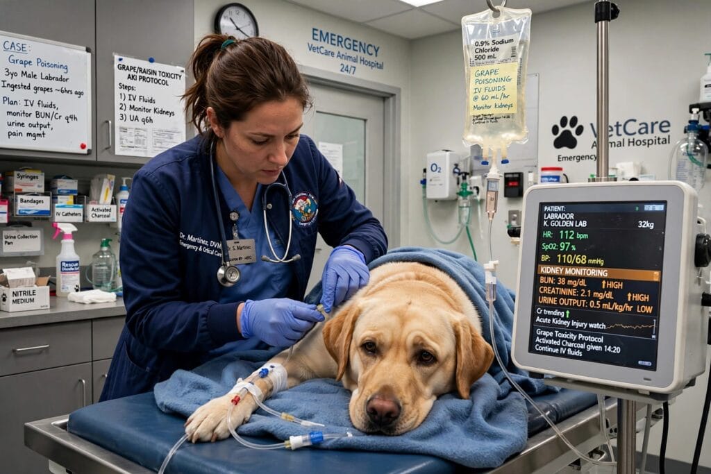Veterinarian treating Labrador with IV fluids for grape poisoning and monitoring kidney failure at emergency animal hospital