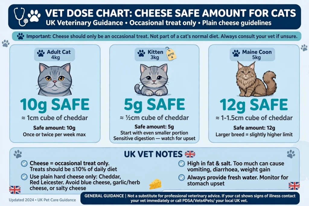 Vet dose chart cheese safe amount for cats UK - 4kg cat 10g safe, 3kg kitten 5g, 5kg Maine Coon 12g