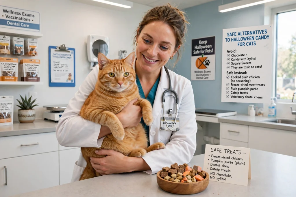 Veterinarian holding cat with safe Halloween treats