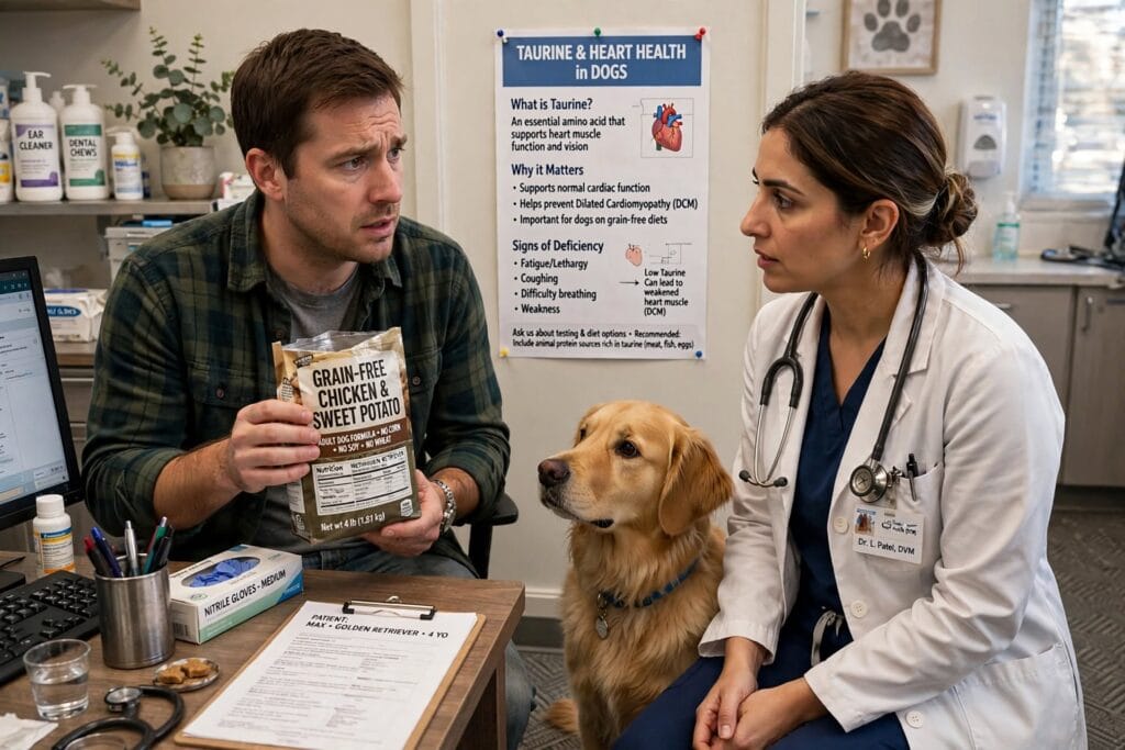 Dog owner discussing grain-free dog food bag with veterinarian during consultation about taurine and heart health