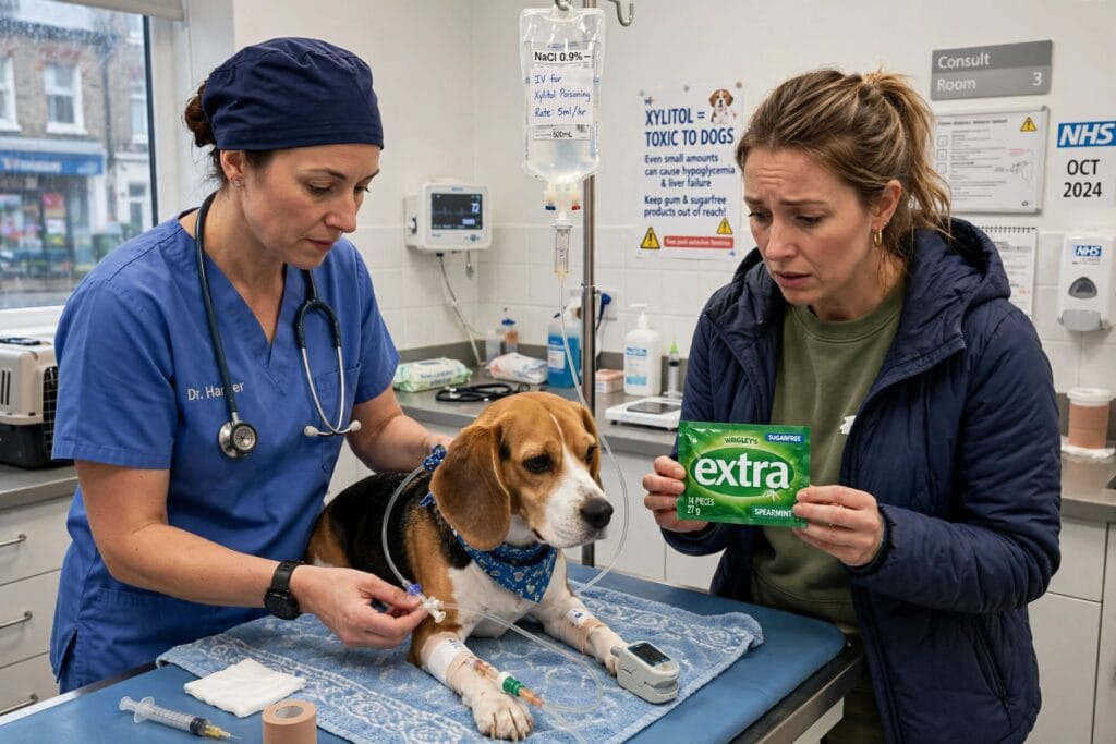 Vet treating beagle for xylitol poisoning with IV fluids as owner shows sugar-free gum packaging in UK clinic