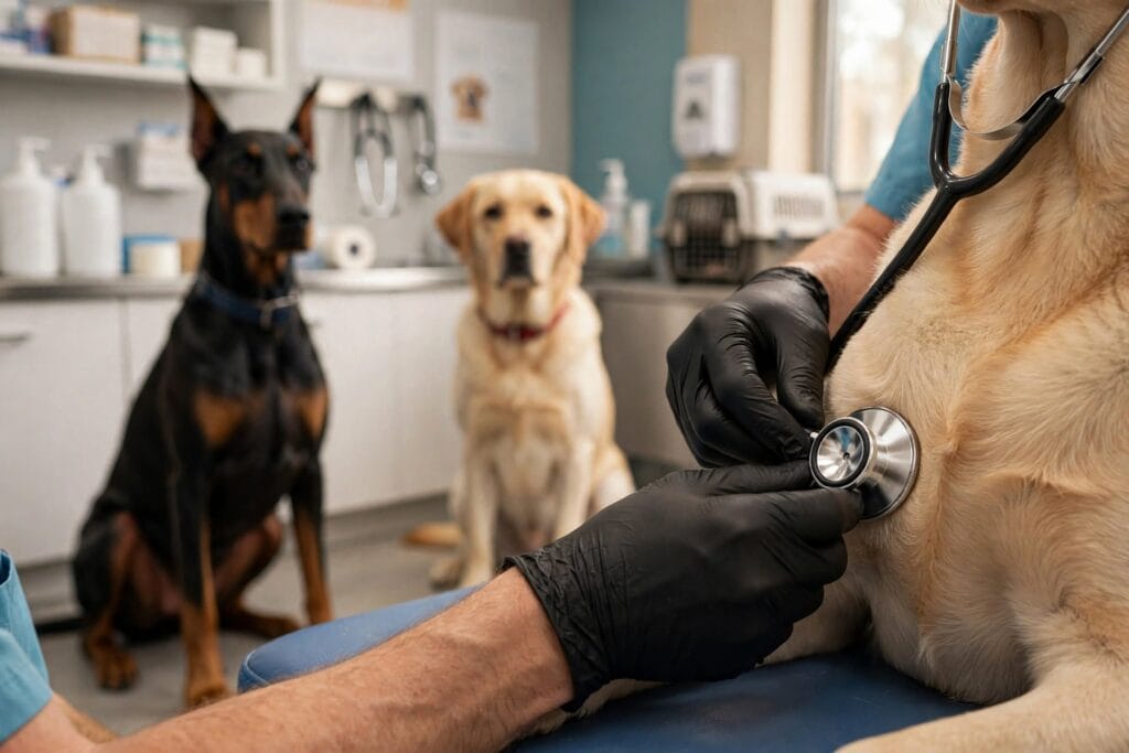 Veterinarian listening to a golden retriever's heart with stethoscope in vet clinic