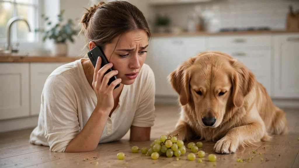Worried owner calling vet after what to do if your dog eats grapes emergency