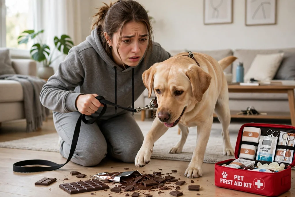 What to do if your dog eats chocolate - worried owner holding dog away from chocolate