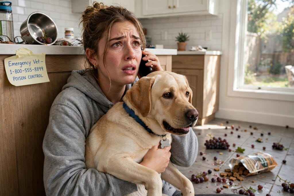 Worried dog owner calling emergency vet after dog eats grapes - what to do if your dog eats grapes emergency