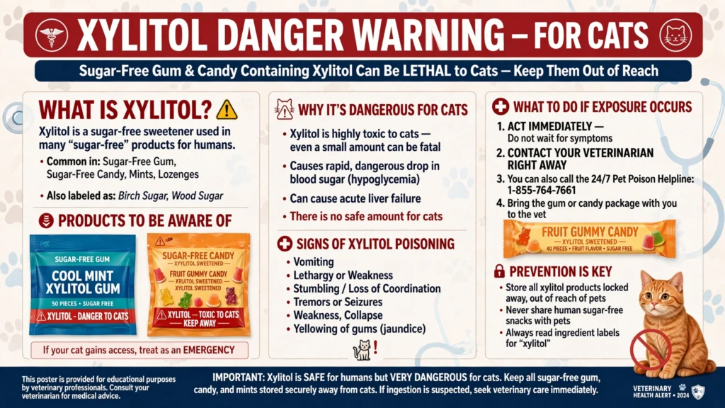 Xylitol danger warning for cats - sugar-free gum and candy toxic
