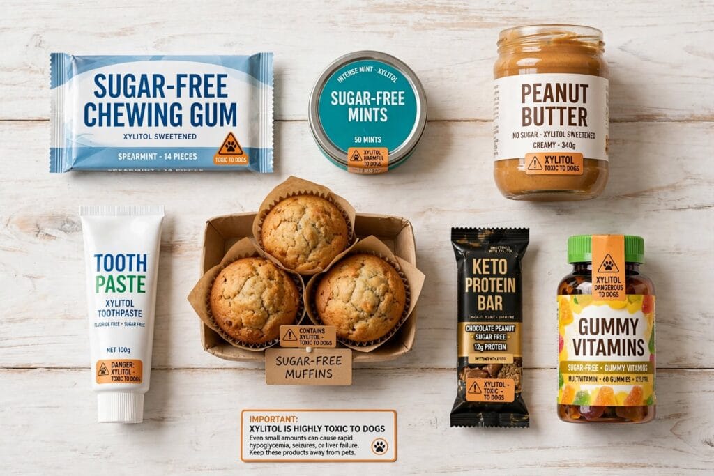 Common products containing xylitol toxic to dogs including sugar-free gum, peanut butter, toothpaste and baked goods
