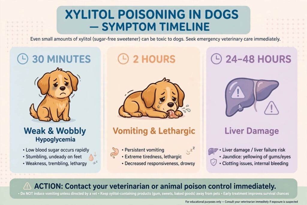 Xylitol poisoning in dogs symptom timeline showing 30 minutes weakness, 2 hours vomiting, 24-48 hours liver damage