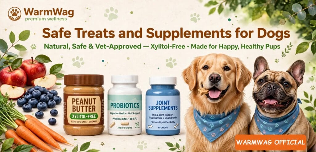 Safe treats and supplements for dogs banner with apples blueberries carrots xylitol-free peanut butter probiotics joint supplements Golden Retriever and French Bulldog wearing bandanas