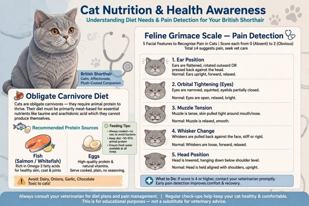 British Shorthair cat nutrition obligate carnivore diet and Feline Grimace Scale 5 signs of pain detection for UK cat owners