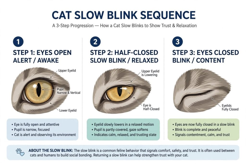 Cat slow blink sequence infographic showing 3 steps from eyes open and alert to half-closed and fully closed in contentment
