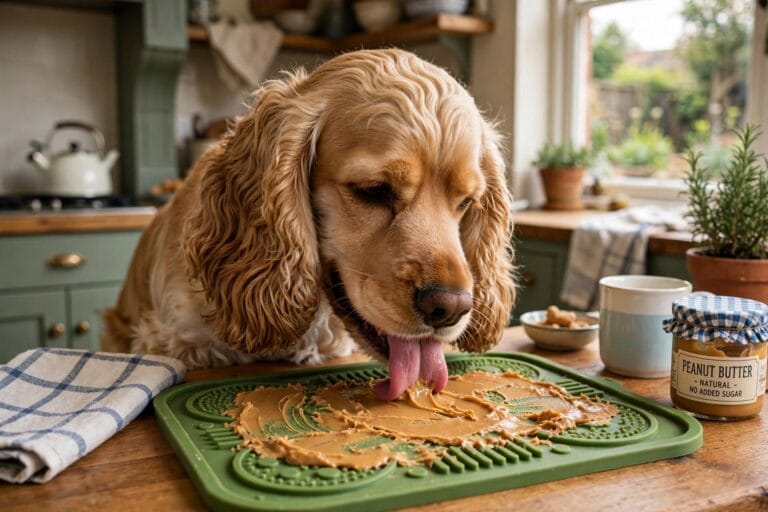 Can Dogs Eat Peanut Butter UK Golden cocker spaniel licking natural peanut butter from green lick mat in UK kitchen